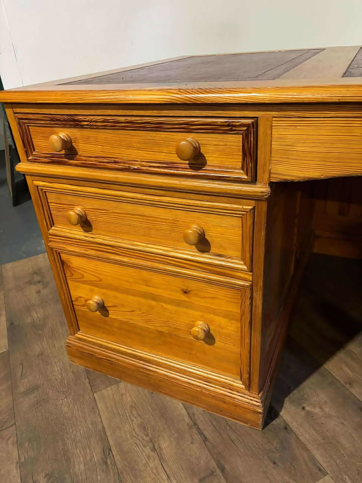 Large Leather Topped Pine Pedestal Desk