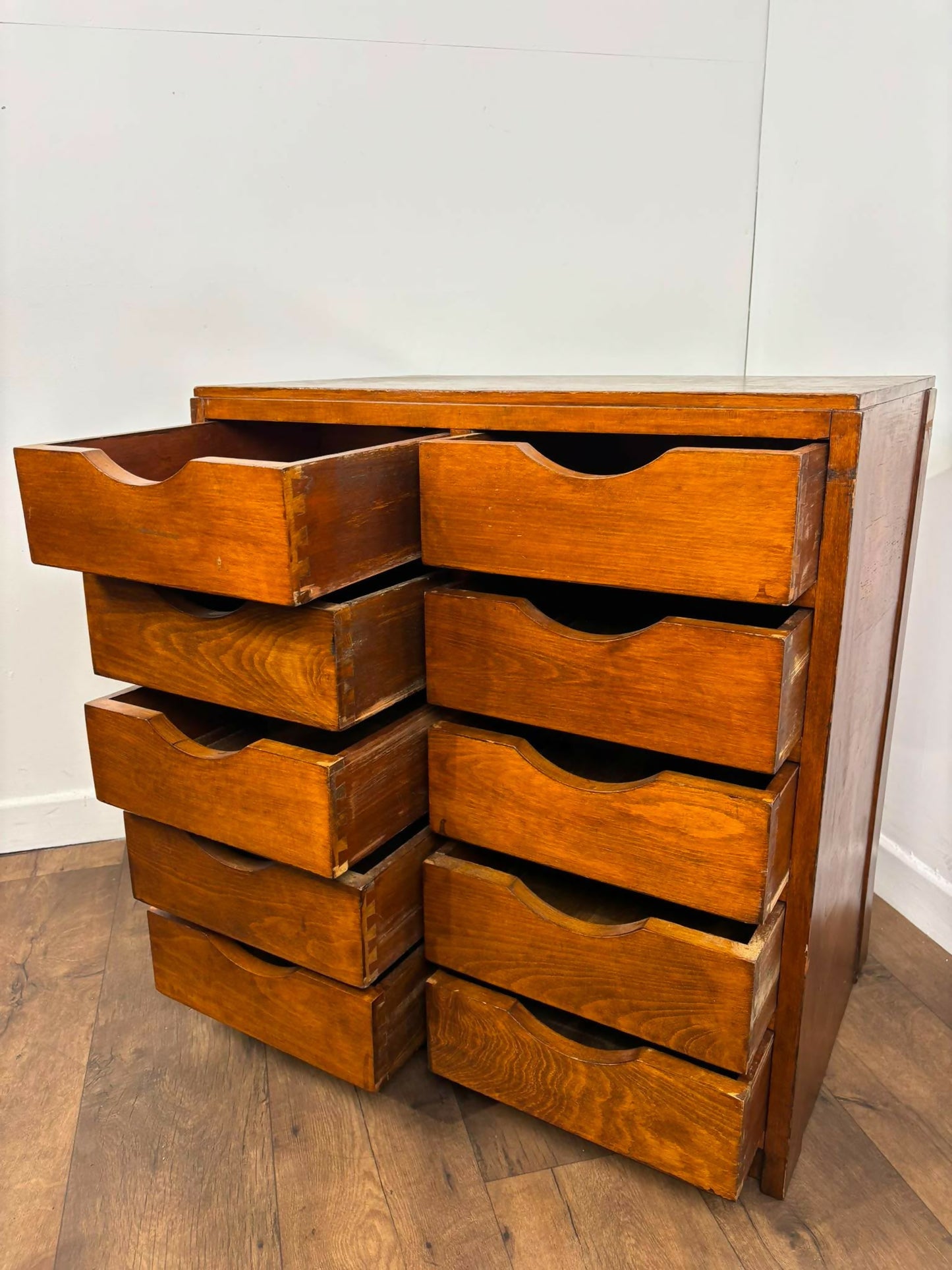 Vintage Oak Veneer Bank of Ten Drawers