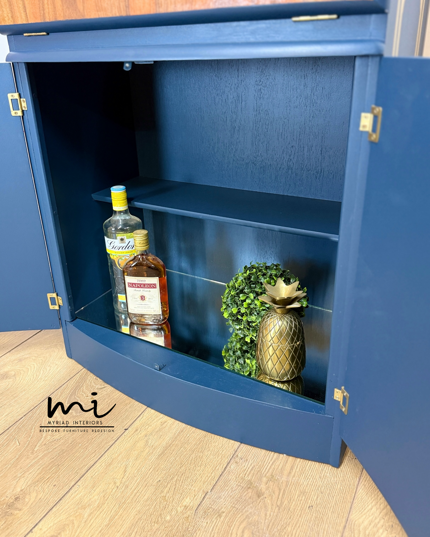 SOLD commissions available Navy Blue and Gold Art Deco Walnut Drinks Cabinet, cocktail cabinet, bar, sideboard, refurbished