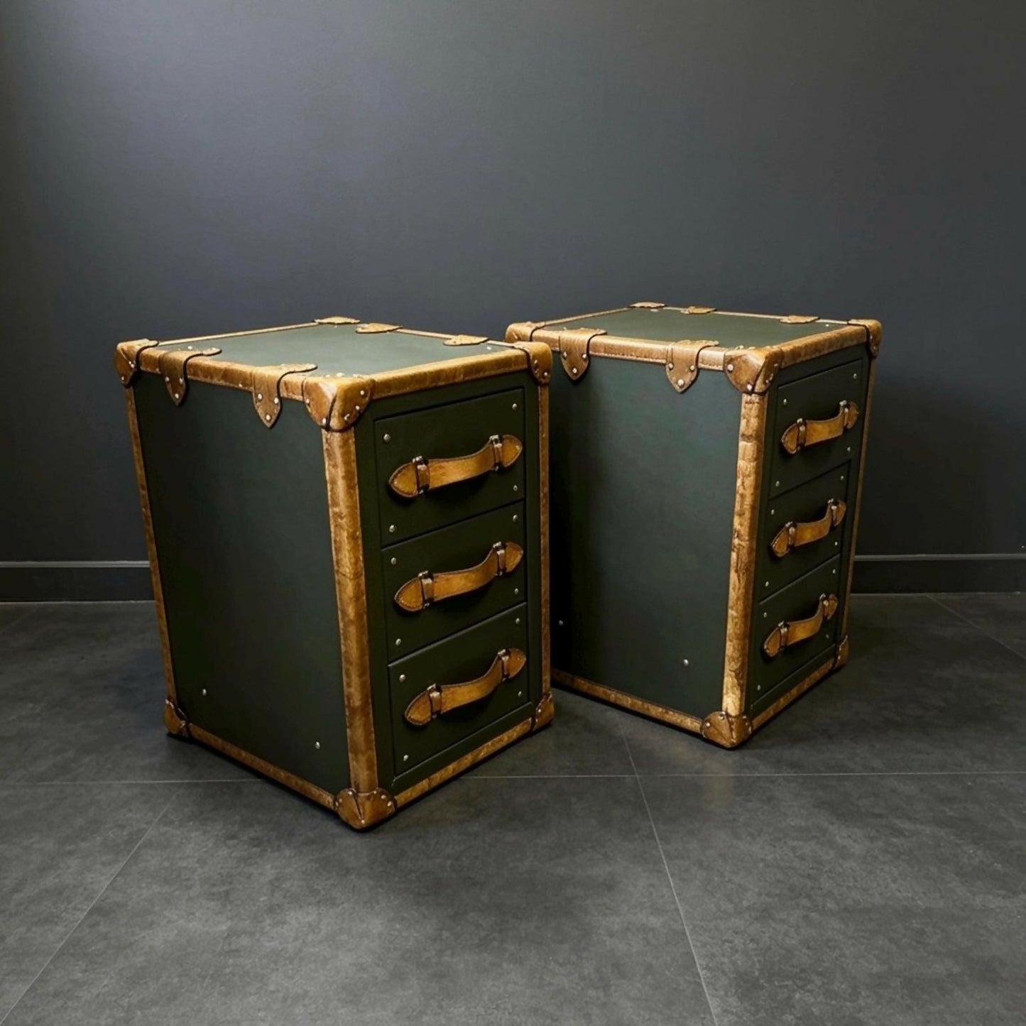 English luxury leather vintage nightstands | Olive green matching bedside tables | Hand dyed