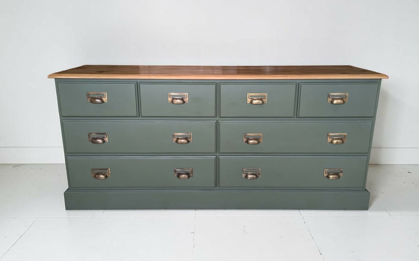 Large olive green rustic pine merchant sideboard/ chest of drawers