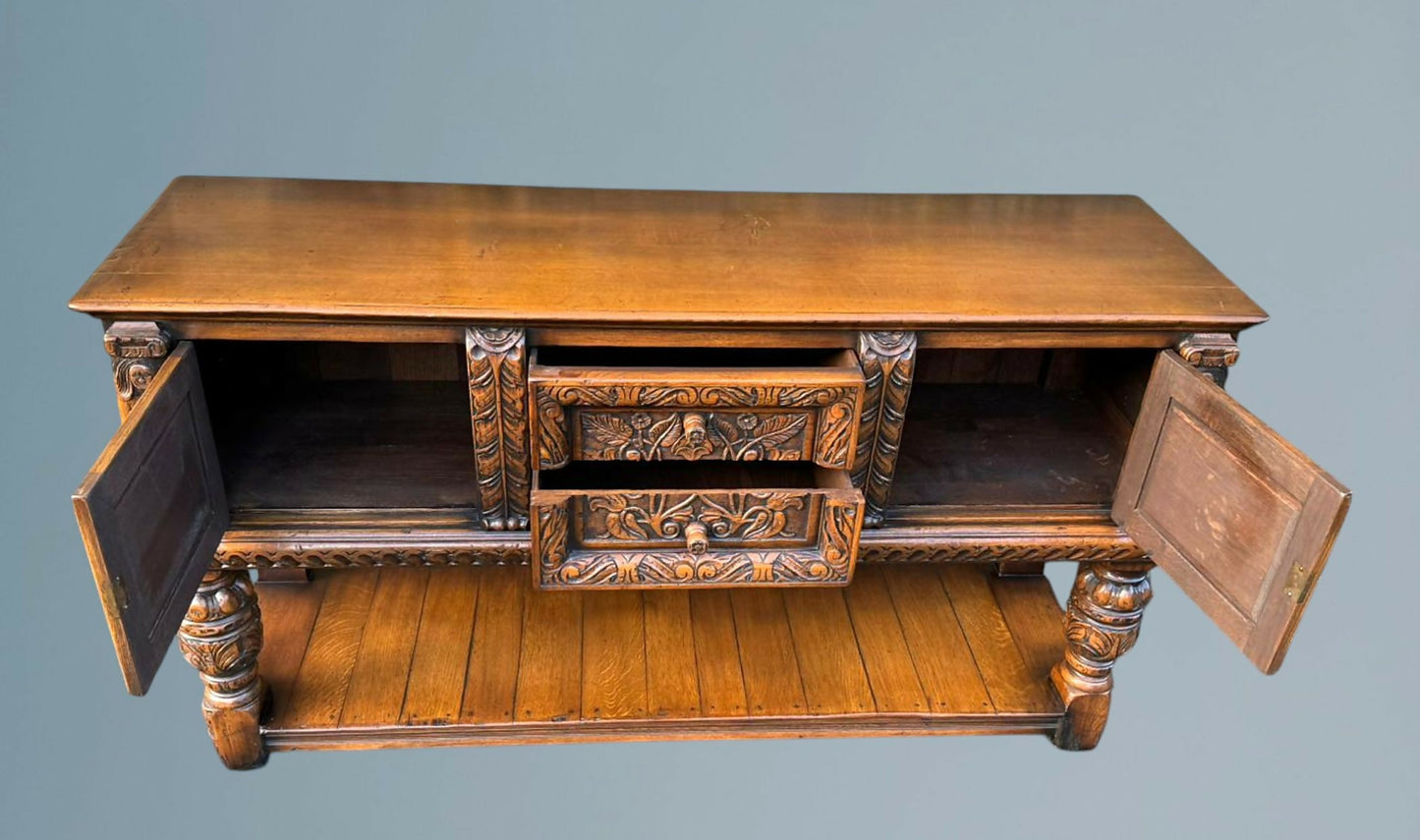 Antique Elizabethan Style Carved Oak Sideboard