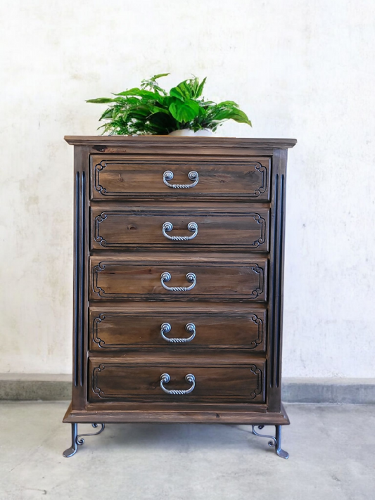 Vintage carved solid wood handmade chest of drawers