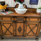 Antique 1920s Jacobean Revival Carved Oak Sideboard Geometric Buffet Cabinet