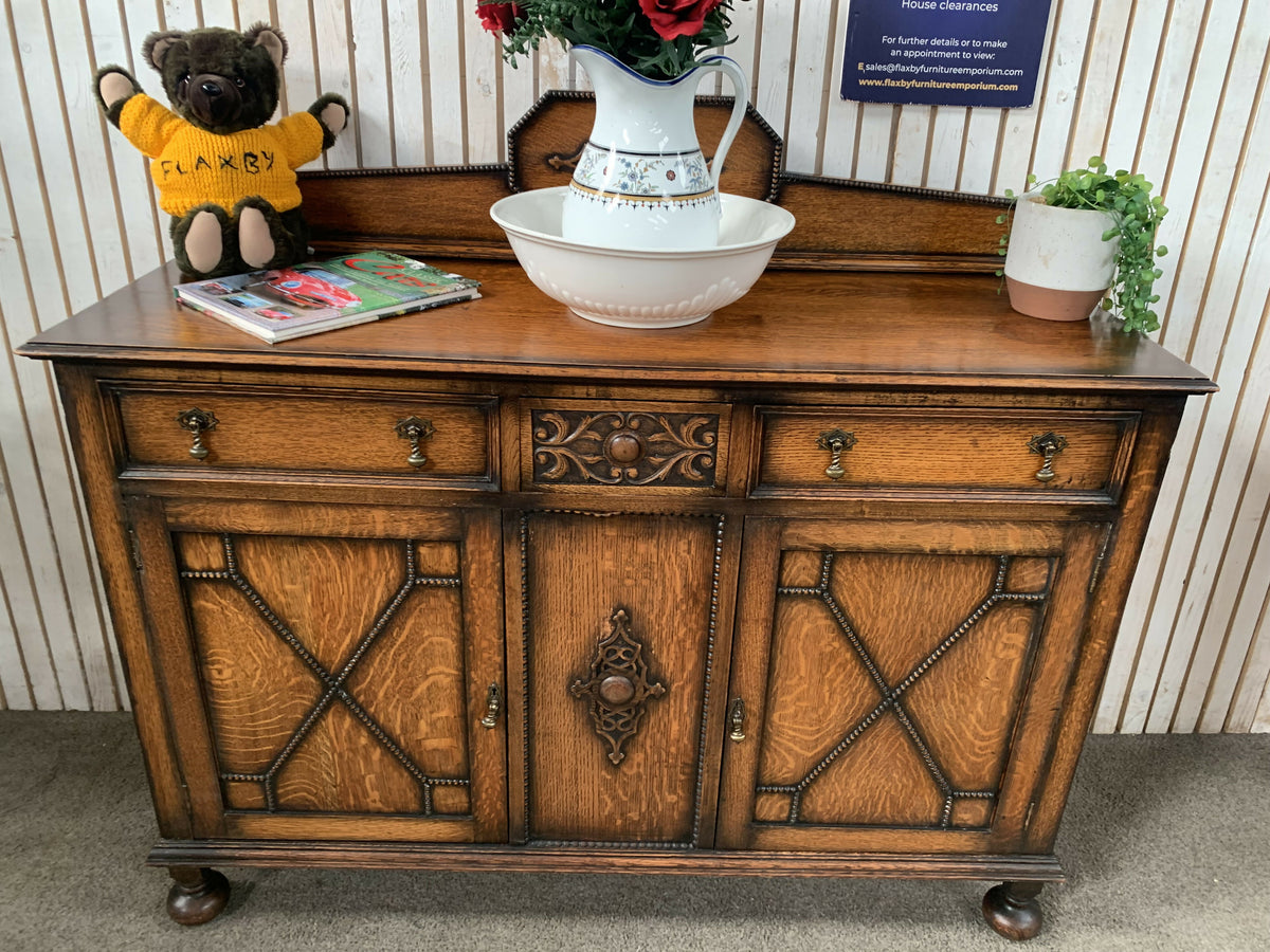Antique 1920s Jacobean Revival Carved Oak Sideboard Geometric Buffet Cabinet