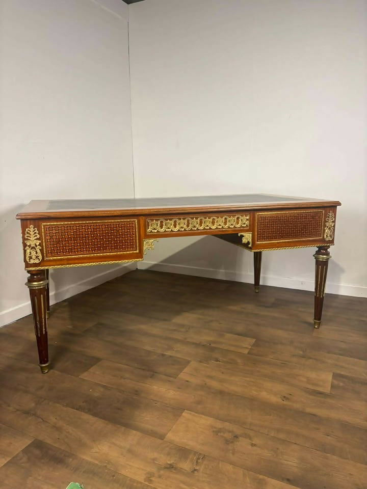 Continental Reproduction Walnut Veneered Tooled Inlaid Desk (style of Louis XVI)