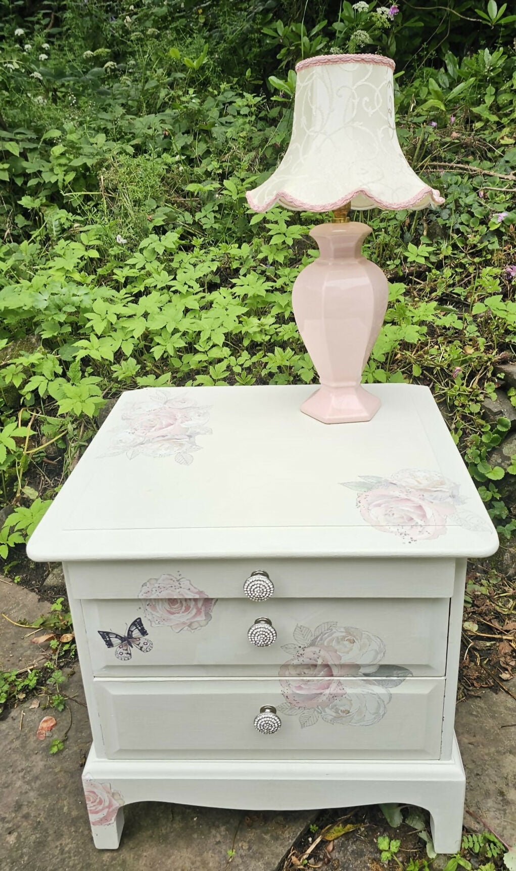Stag Minstrel beside cabinet with 2 drawers & pullout tray painted in clotted cream