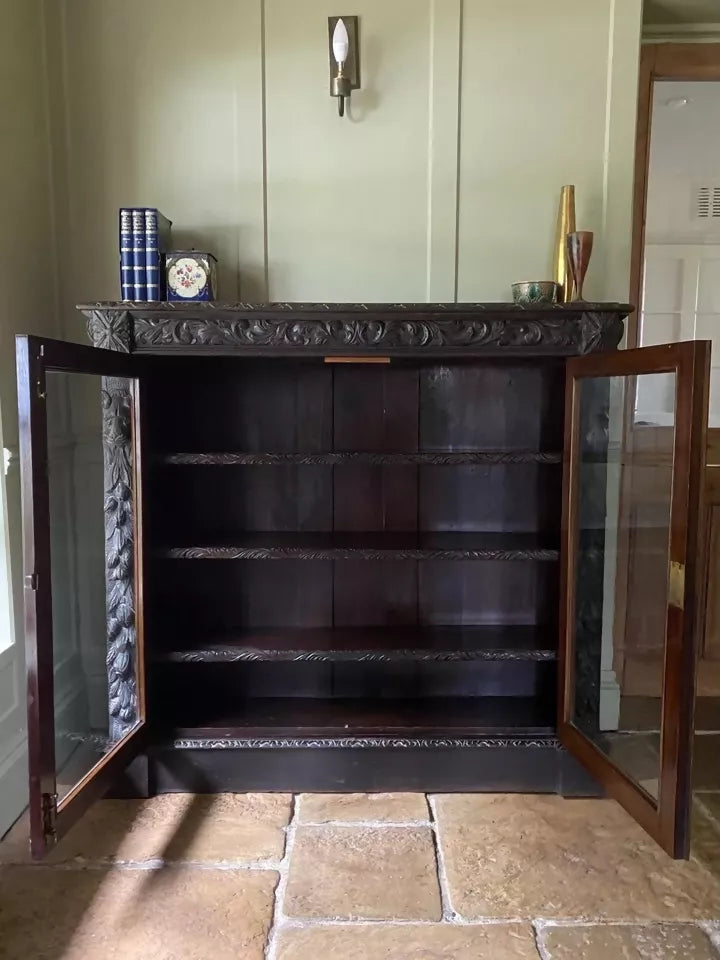 Antique Victorian Jacobean Style Oak Carved Glazed Bookcase Cabinet Cupboard