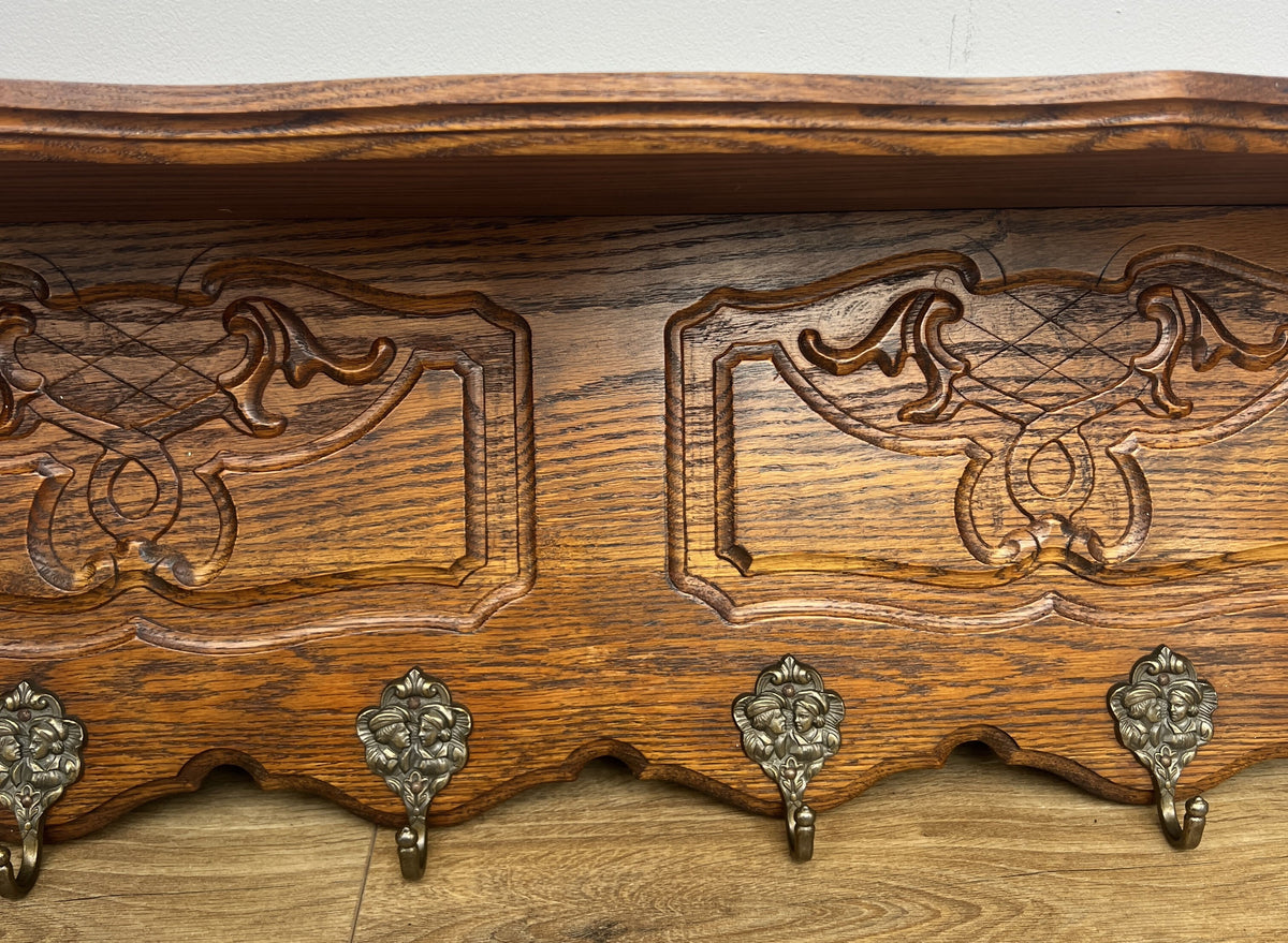 Coat Rack Vintage French Oak 6 Hooks Wall Shelf Carved Coat Hanger LOT 6550