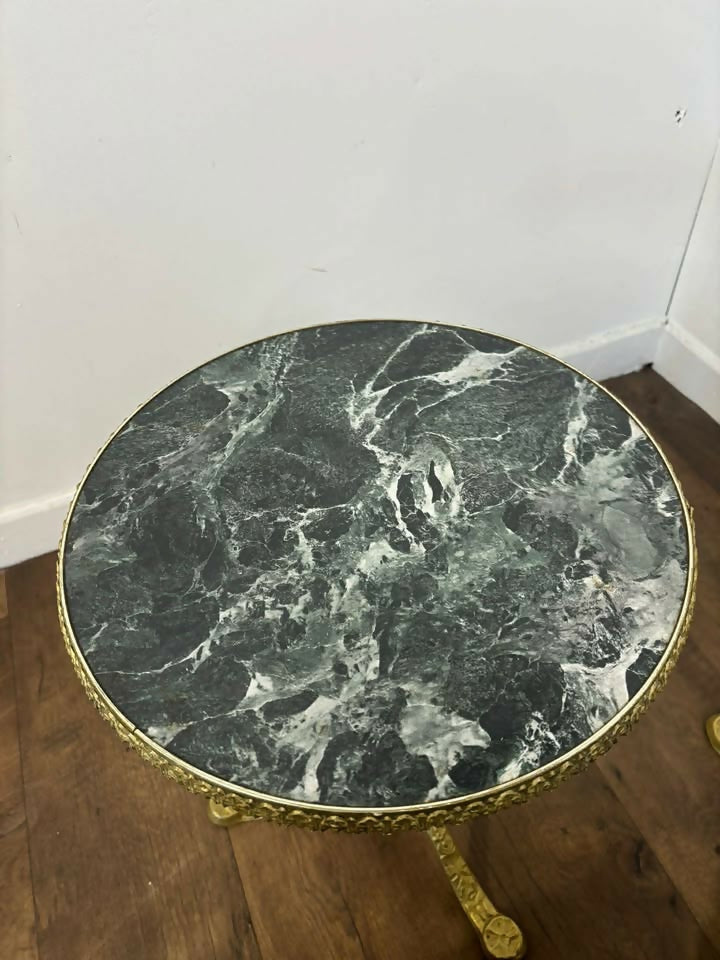 Pair of Circular Gilt Based Tripod Wine Tables with Faux Marble Tops