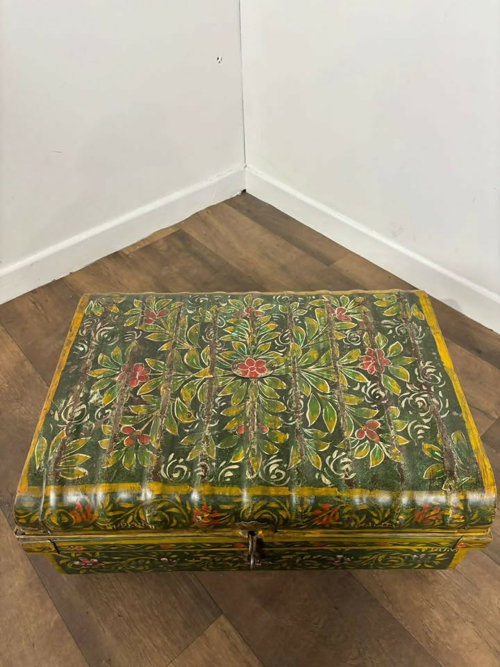 Vintage Indian Reclaimed Hand Painted Metal Trunk