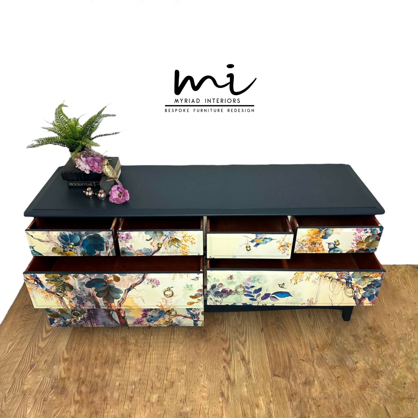 MADE TO ORDER Refurbished vintage Stag Minstrel large captains chest of drawers, navy blue, floral bird design, dresser, large sideboard mid century, teal