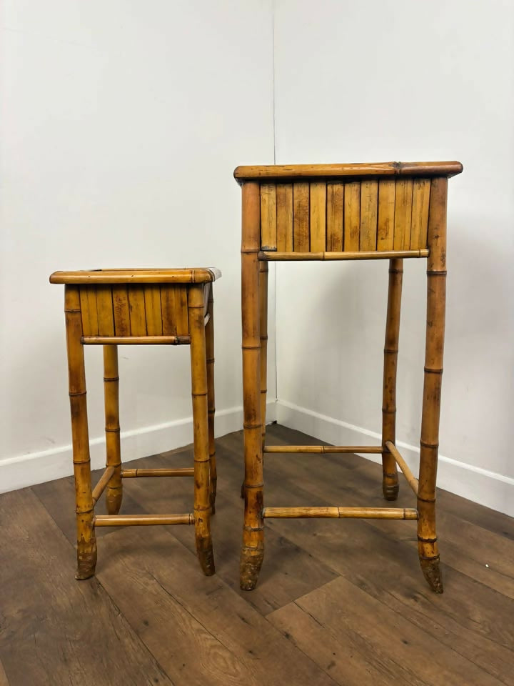 Pair of Vintage French Bamboo Side Tables with Hand-Painted Rose Detail