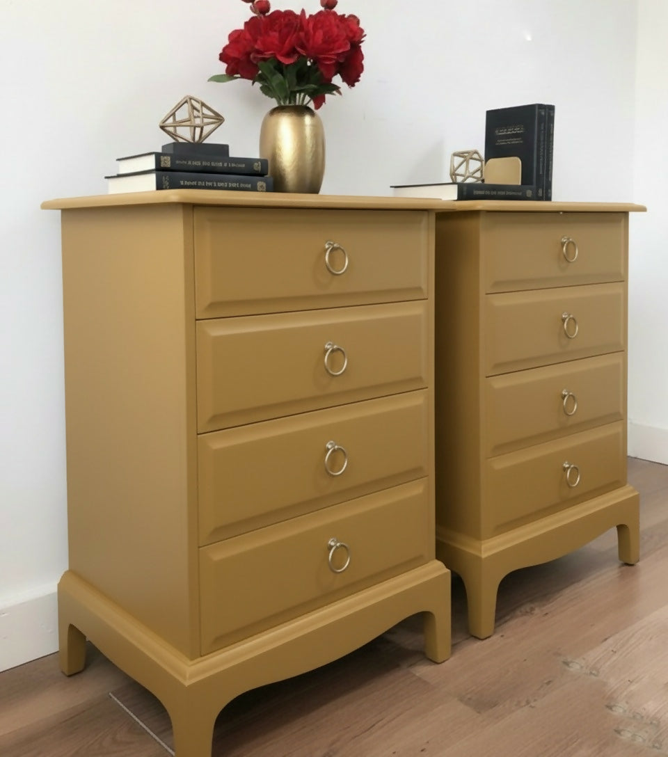 Stag minstrel bedside cabinets in mustard