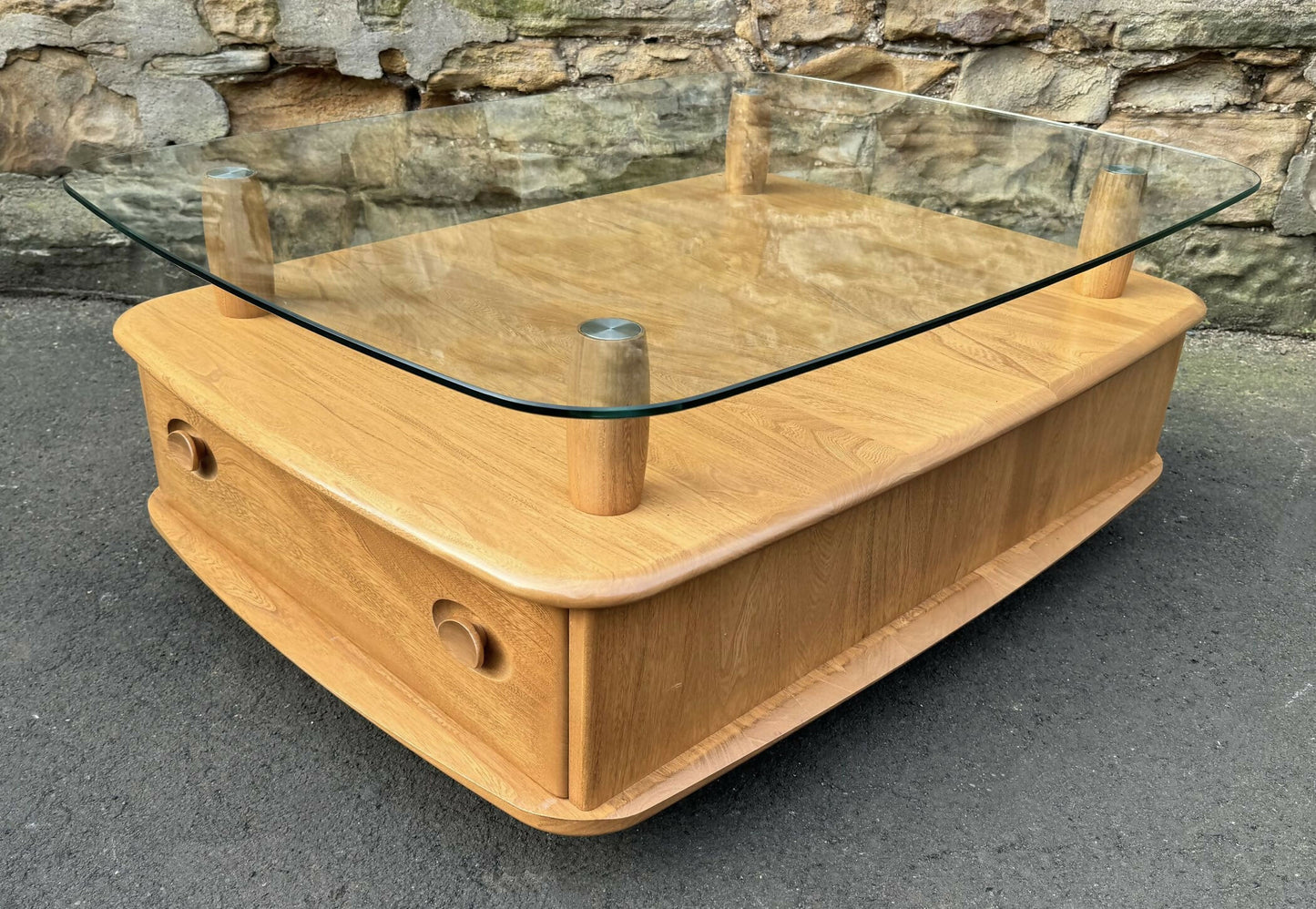Ercol Light Elm Windsor Glass Top Coffee Table - Pandoras Box
