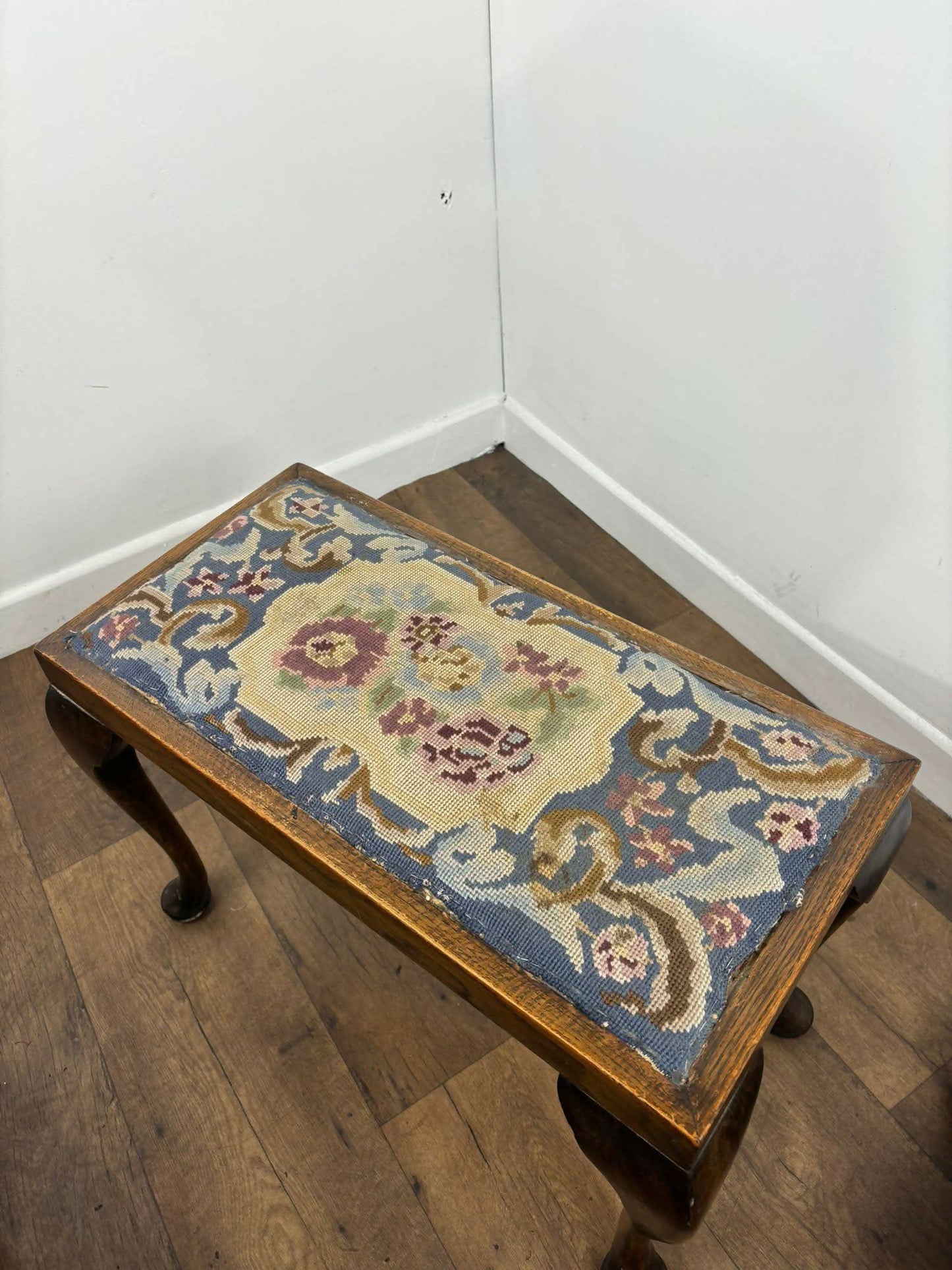 Vintage Oak Stool With Floral Tapestry Top