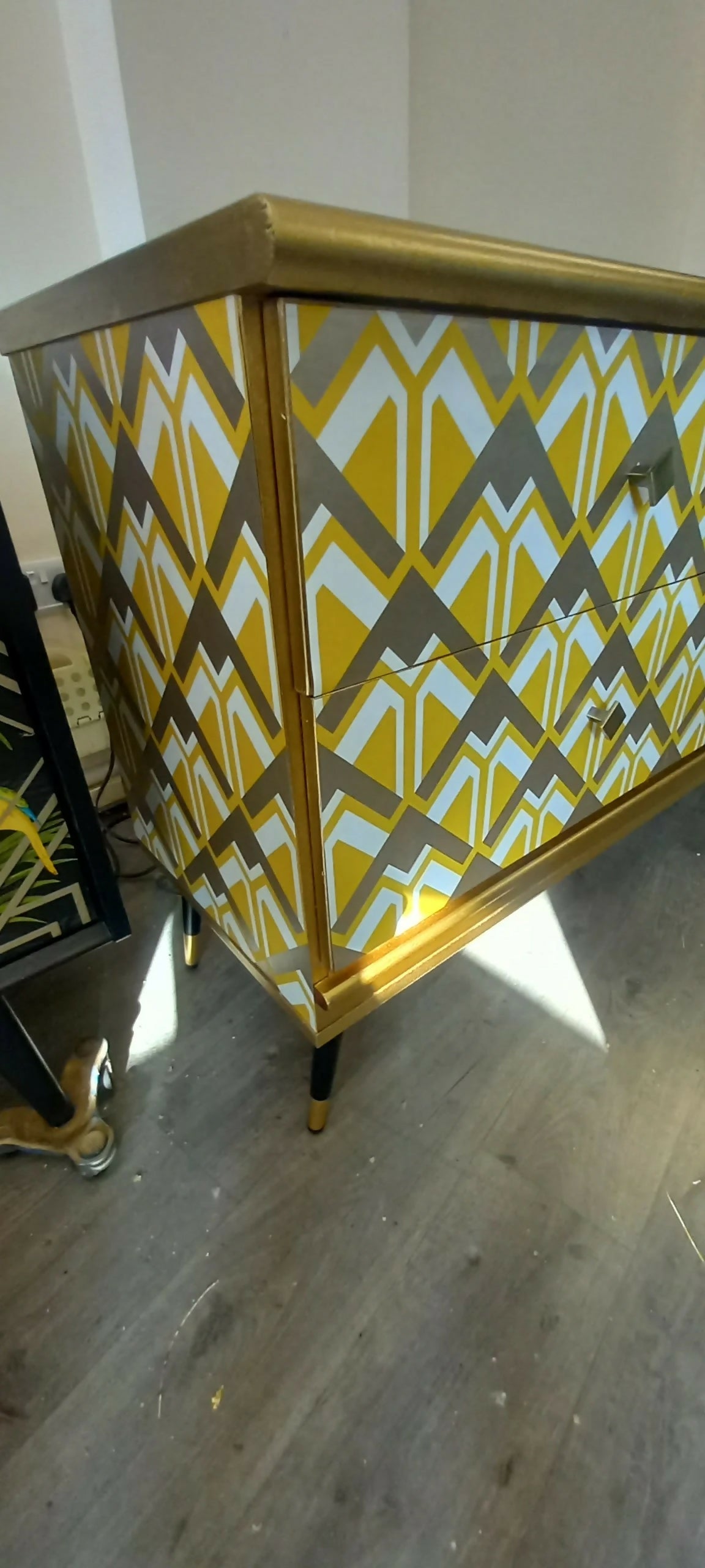 Mid century Upcycled Sideboard: Geometric Yellow Gold Print TV Unit Commission Piece.