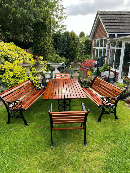 Black Vintage Cast Iron Patio Set adorned with Sapele Wood 3 seater Benches included