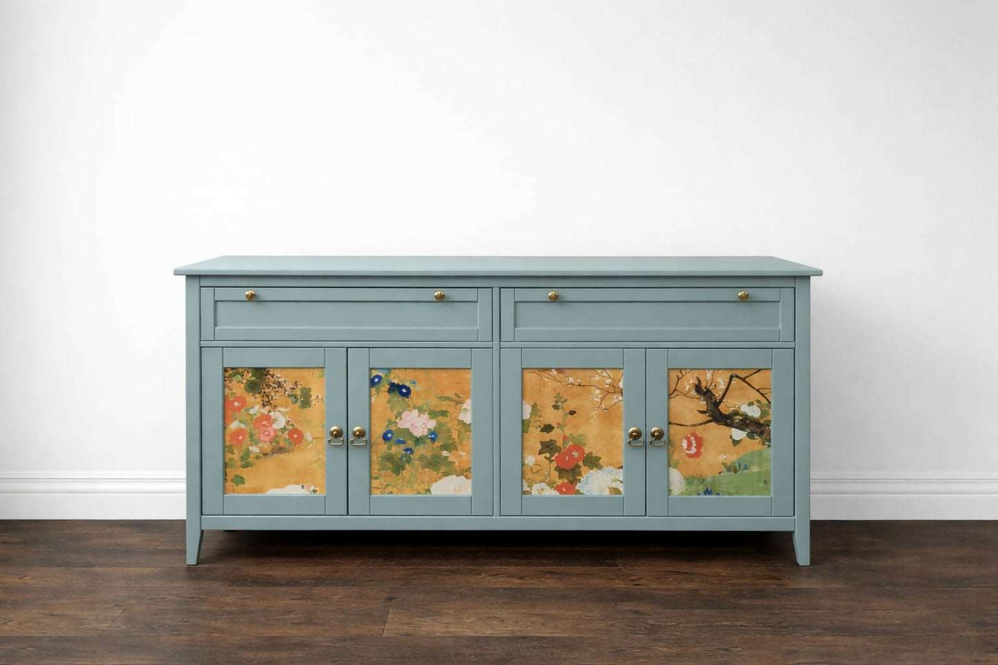 Vintage Oriental Print Pale Blue Sideboard Painted Upcycled Custom Commission