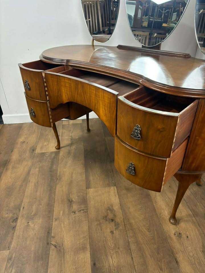 Vintage 1950s Walnut Kidney-Shaped Dressing Table