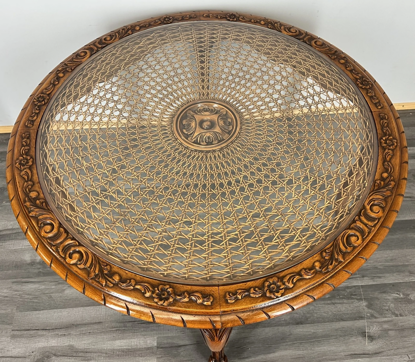 Coffee Table Vintage French Louis XIV Glass Top Ornate Cane Round Table LOT 3941