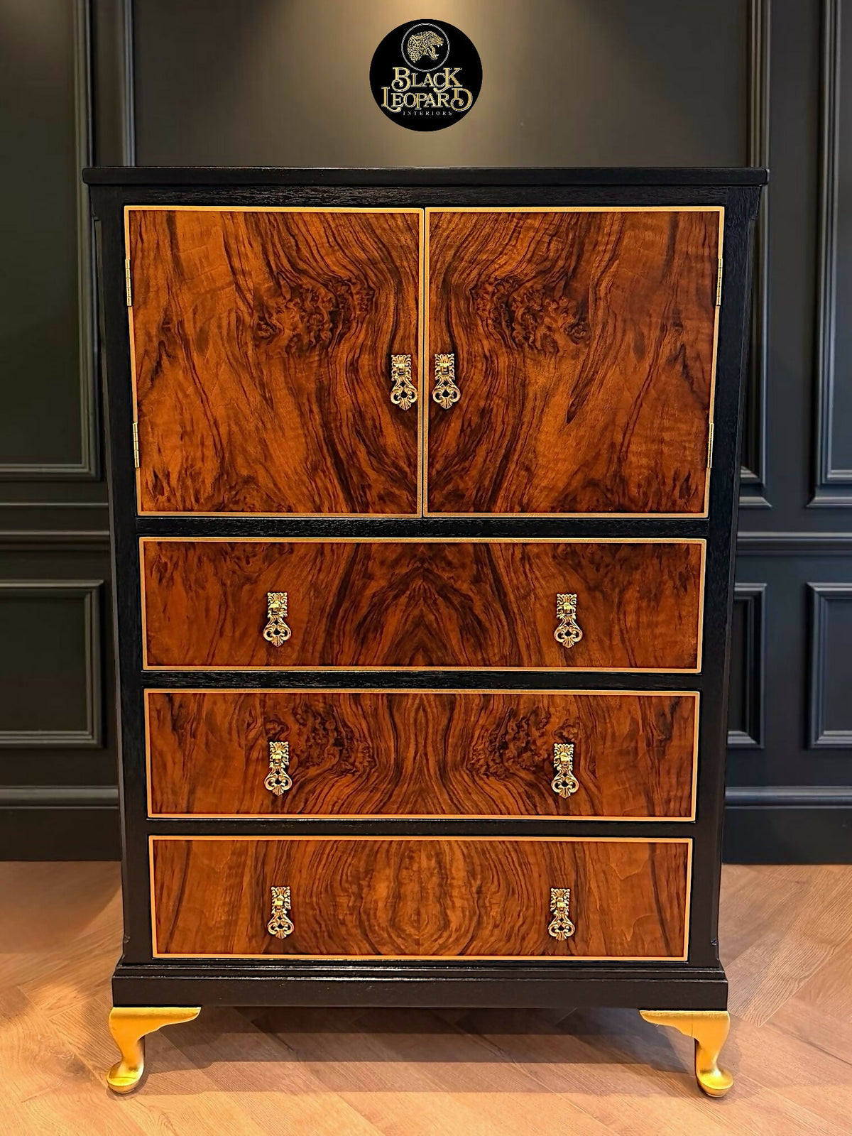 Vintage Art Deco Tallboy Dresser Drinks Cabinet | Hand Painted Refurbished Bespoke | Velvet Decoupage Black Gold Botanical Queen Anne Legs