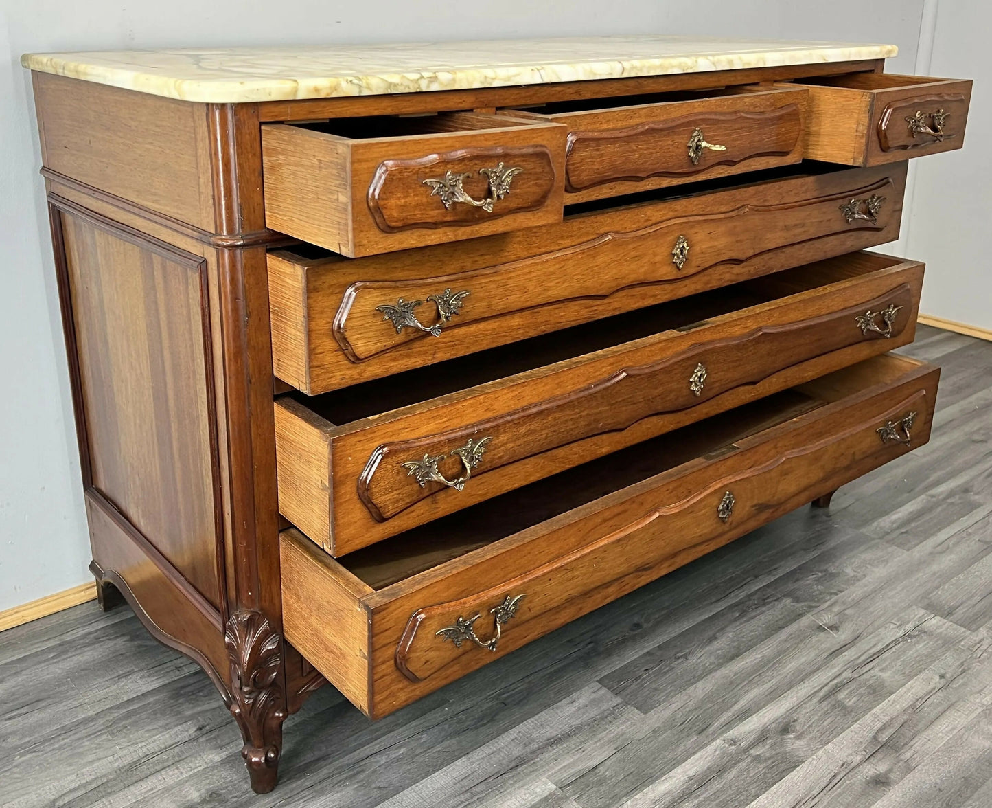 Chest of Drawers Antique French Mahogany Marble Top Carved Cabinet LOT 4809