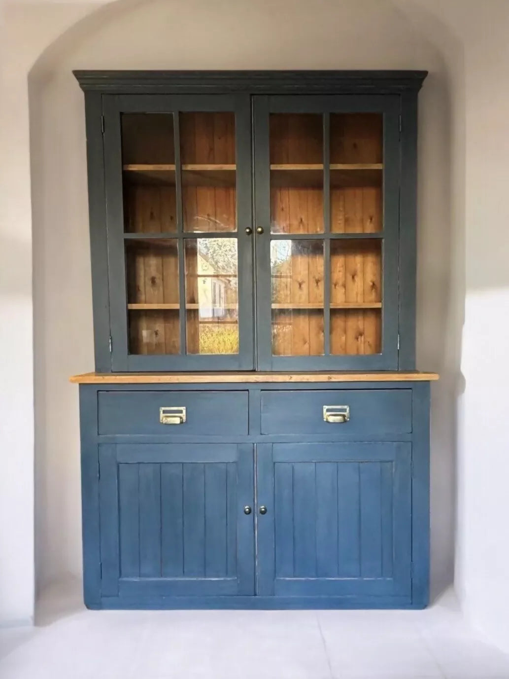 Vintage Pine Blue Painted Display China Glazed Dresser Cupboard Cabinet Bookcase