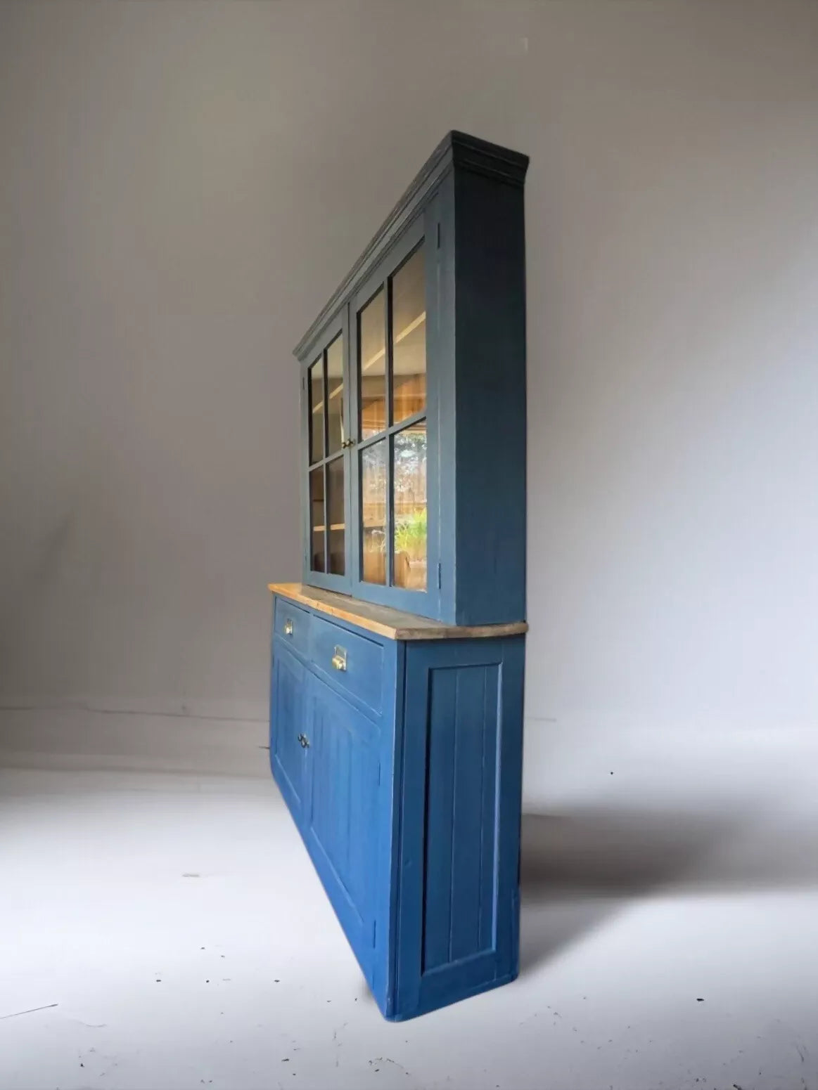 Vintage Pine Blue Painted Display China Glazed Dresser Cupboard Cabinet Bookcase