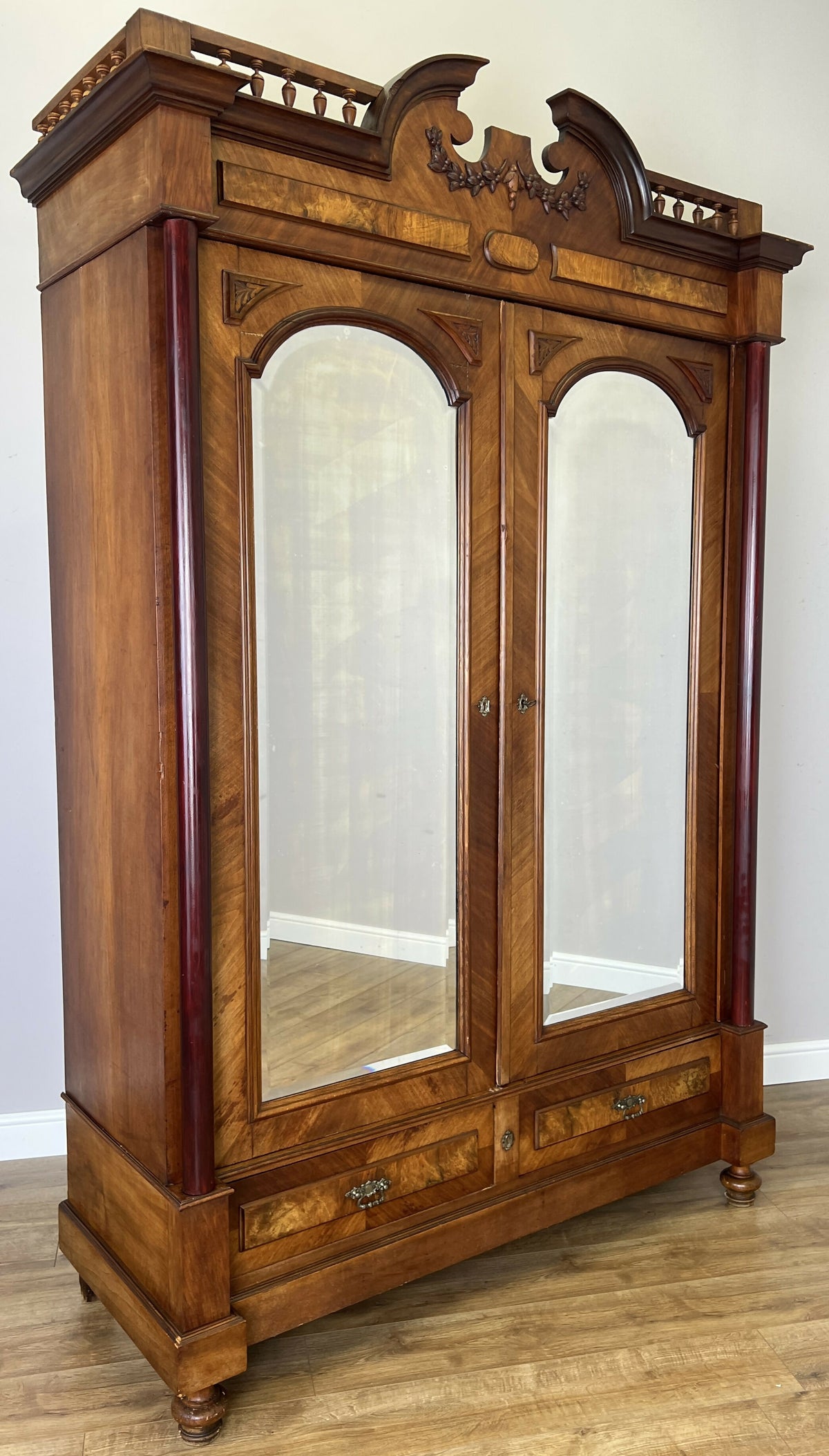 Wardrobe Antique French Style Walnut Mirrored Two Door Carved Armoire LOT 6520