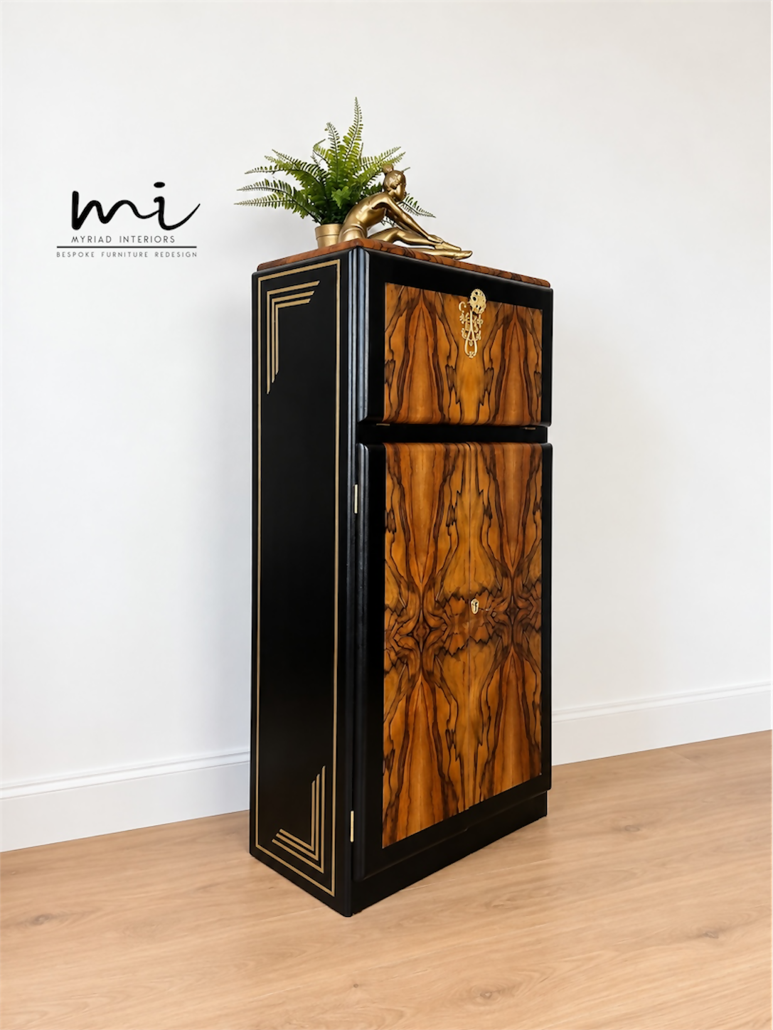 Refinished Art Deco Burl Walnut Cocktail Cabinet In Black With Gold Design. 1930s drink cabinet. Gin bar. Refurbished. sideboard slim narrow