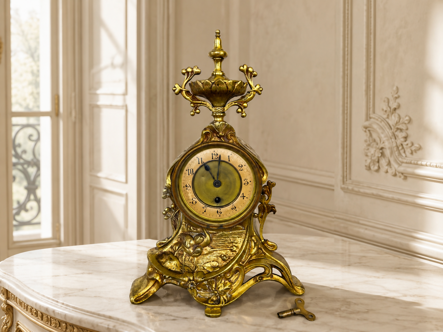 Clock Antique French Style Brass Ornate Mantel Clock with Key LOT 6473