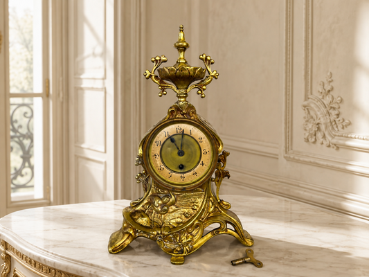 Clock Antique French Style Brass Ornate Mantel Clock with Key LOT 6473