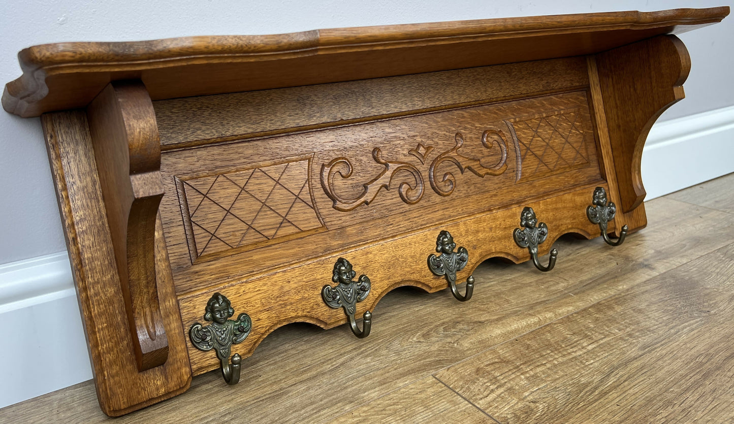 Coat Rack Vintage French Carved Oak Wall Mounted 5 Hooks Rack Hanger LOT 6210