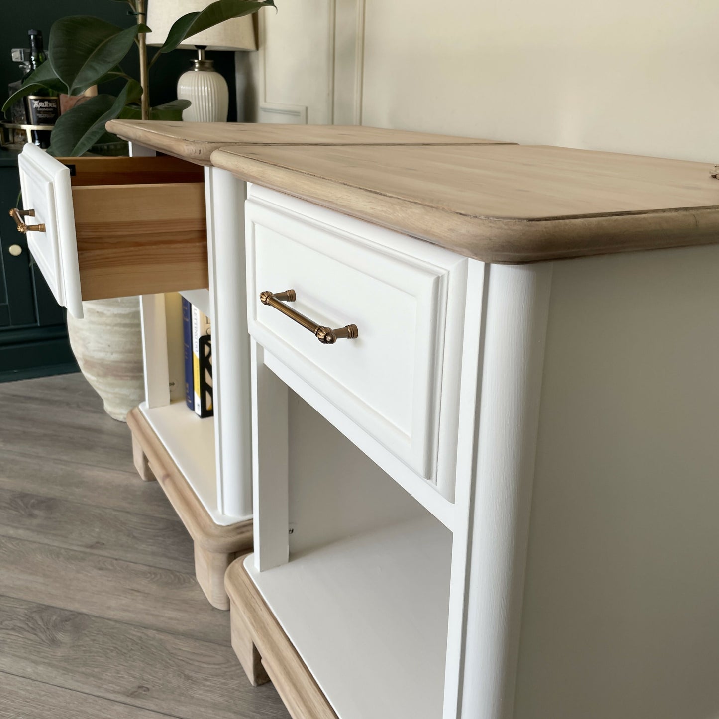 White Bedside Tables Pair | Solid Wood Nightstands with Drawer & Shelf | Hand Painted Vintage Side Tables | Bedroom Furniture Set