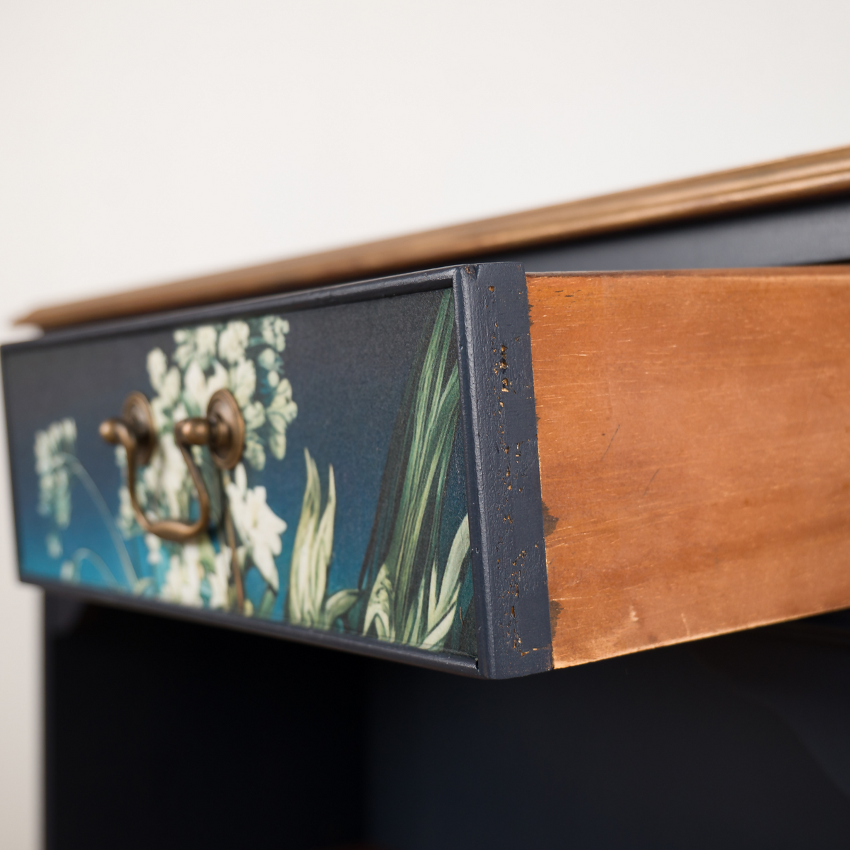 Upcycled Vintage Cabinet | Dark Navy Open Display Cabinet | Hand Painted Floral Furniture | Console Shelf