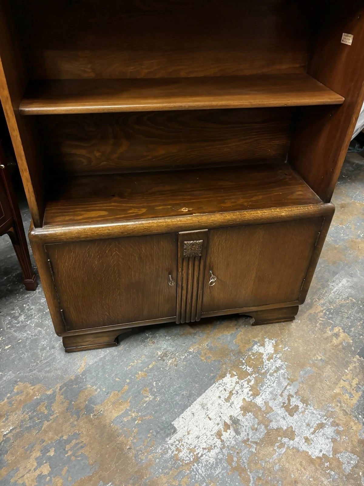 Vintage Oak Bookcase , Adjustable Shelves, With Keys For Bottom Cupboards.