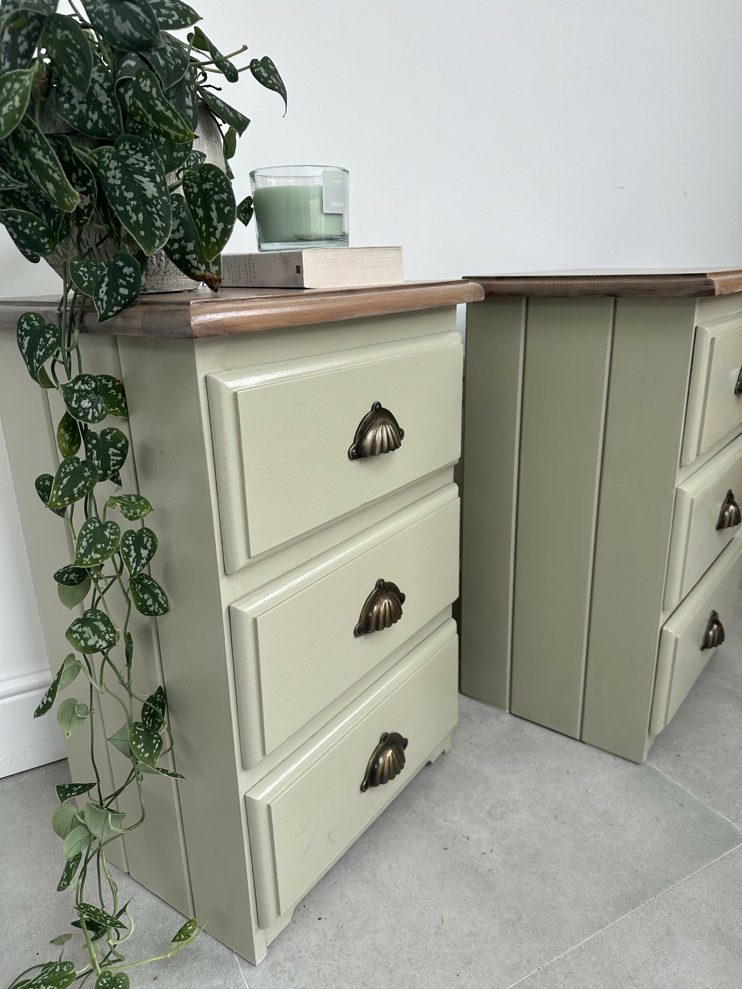 Pair of Vintage Wooden 3 Drawers Bedside Tables, in Sage Green