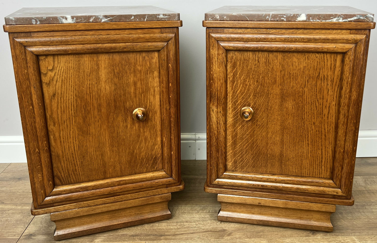 Pair of Bedside Tables Antique French Style Oak Marble Top Cabinets LOT 6218