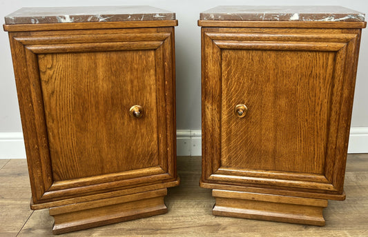 Pair of Bedside Tables Antique French Style Oak Marble Top Cabinets LOT 6218