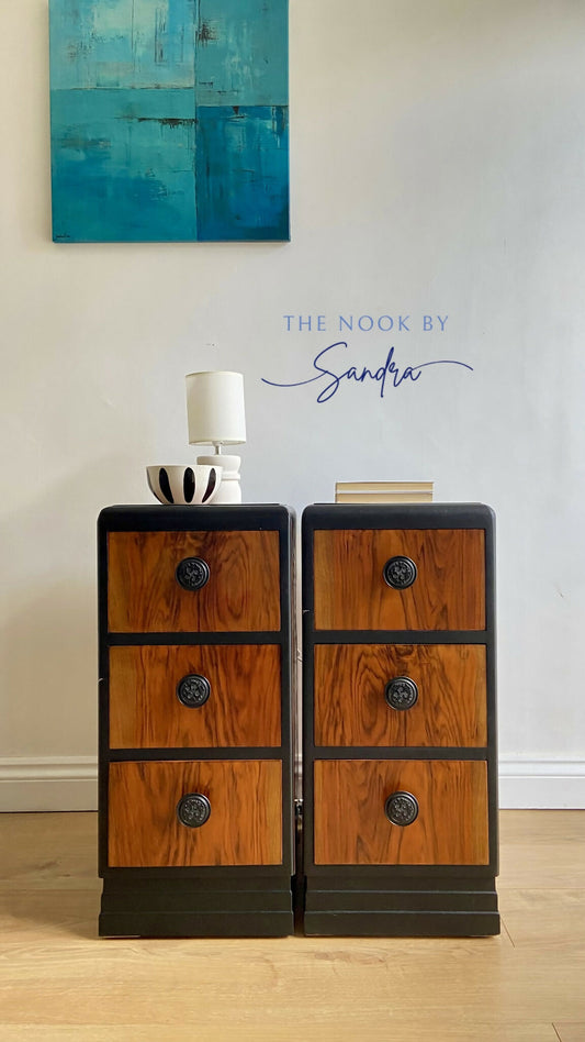 Upcycled Nightstands Set -Rustic Wood &Black | 3 Drawers Bedside Cabinets
