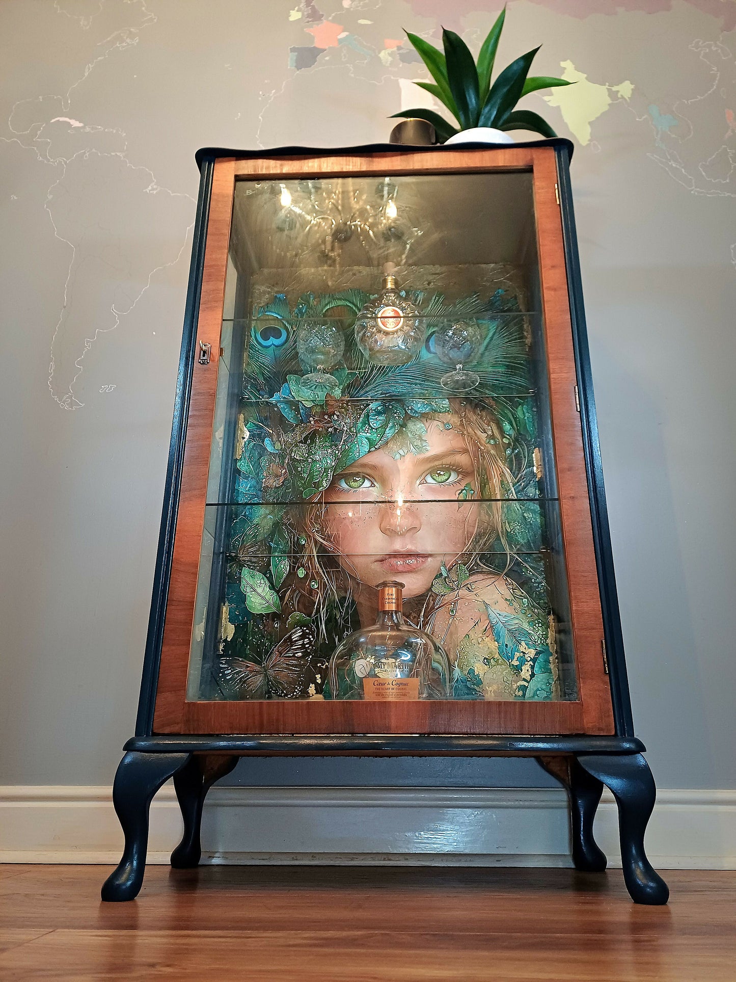 Upcycled Display Case with Decoupaged Peacock Princess and Glass Shelves