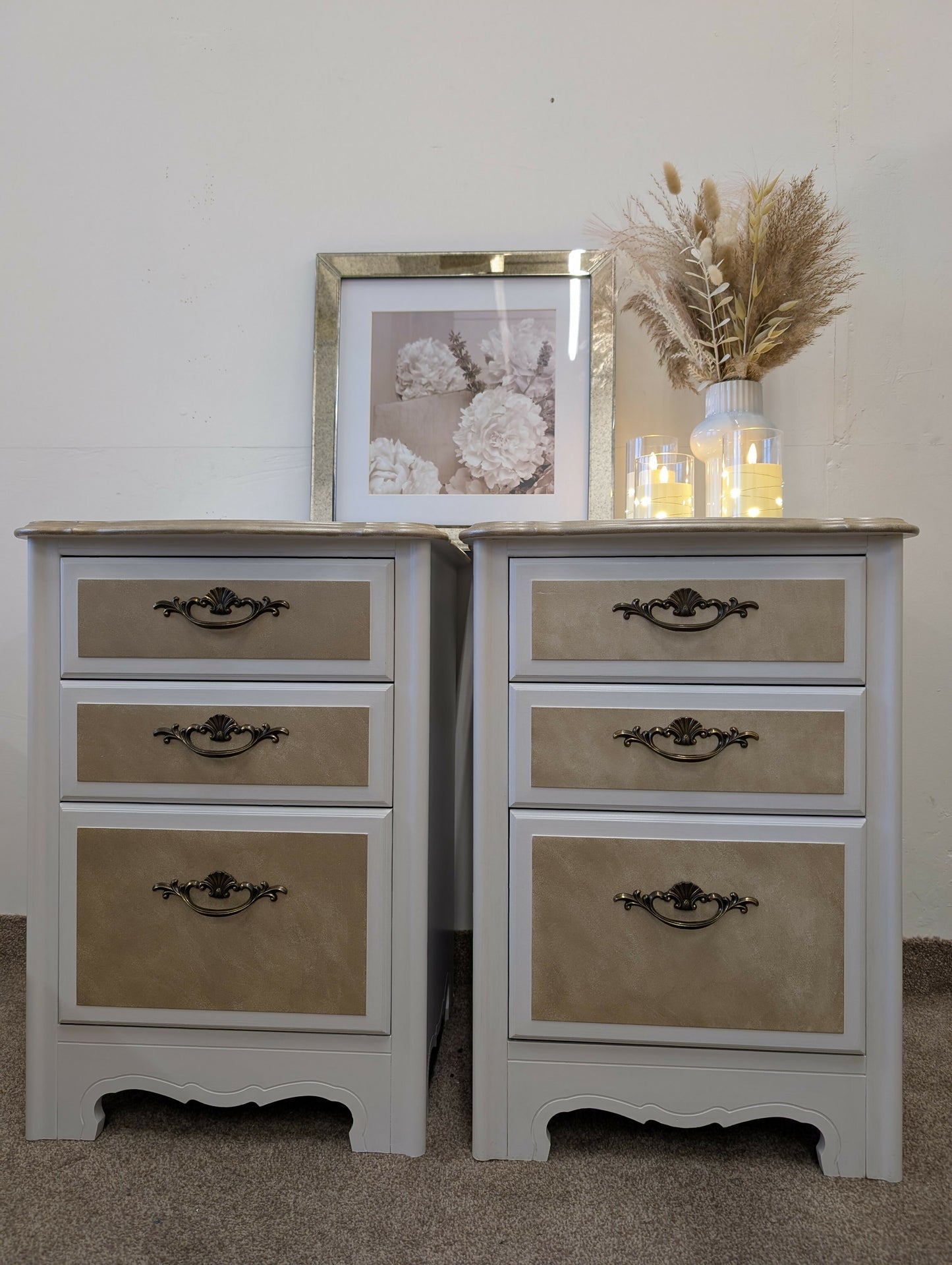 Pair of Vintage Bedside Cabinets in White with Metallic Champagne Detailing