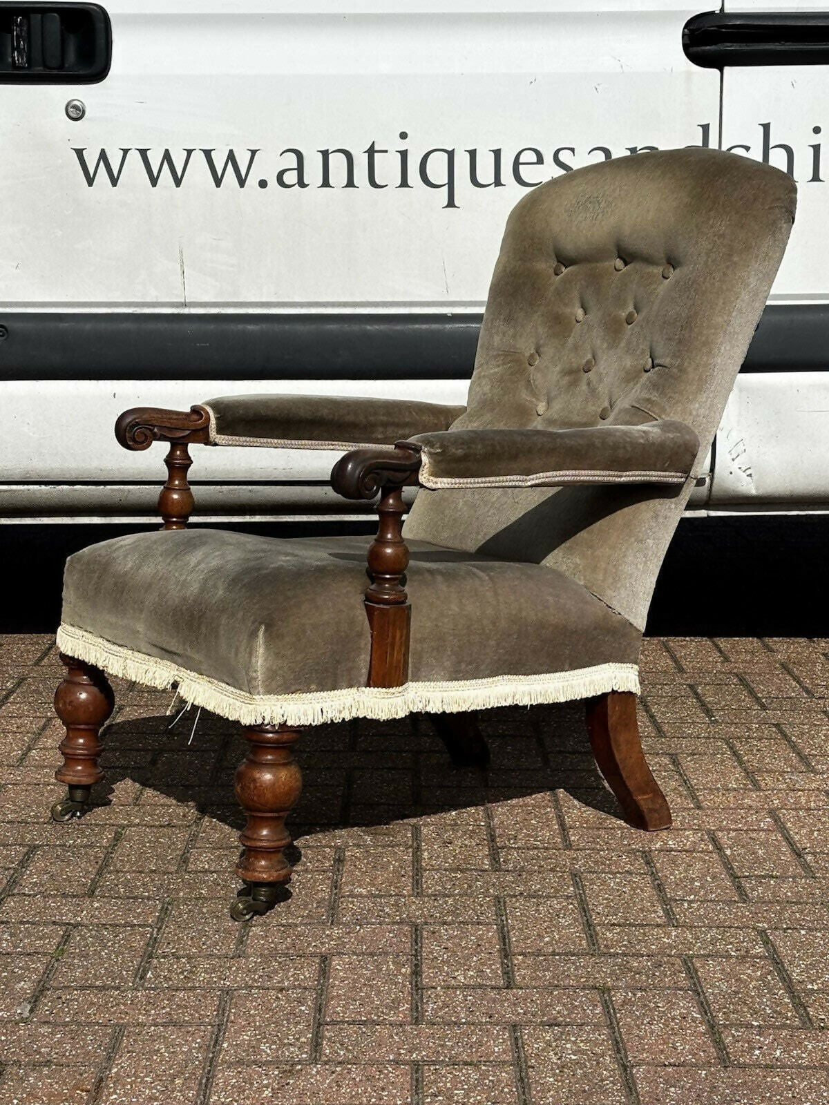 William IV Library Vintage Armchair With Mahogany Frame, On Brass Castors.