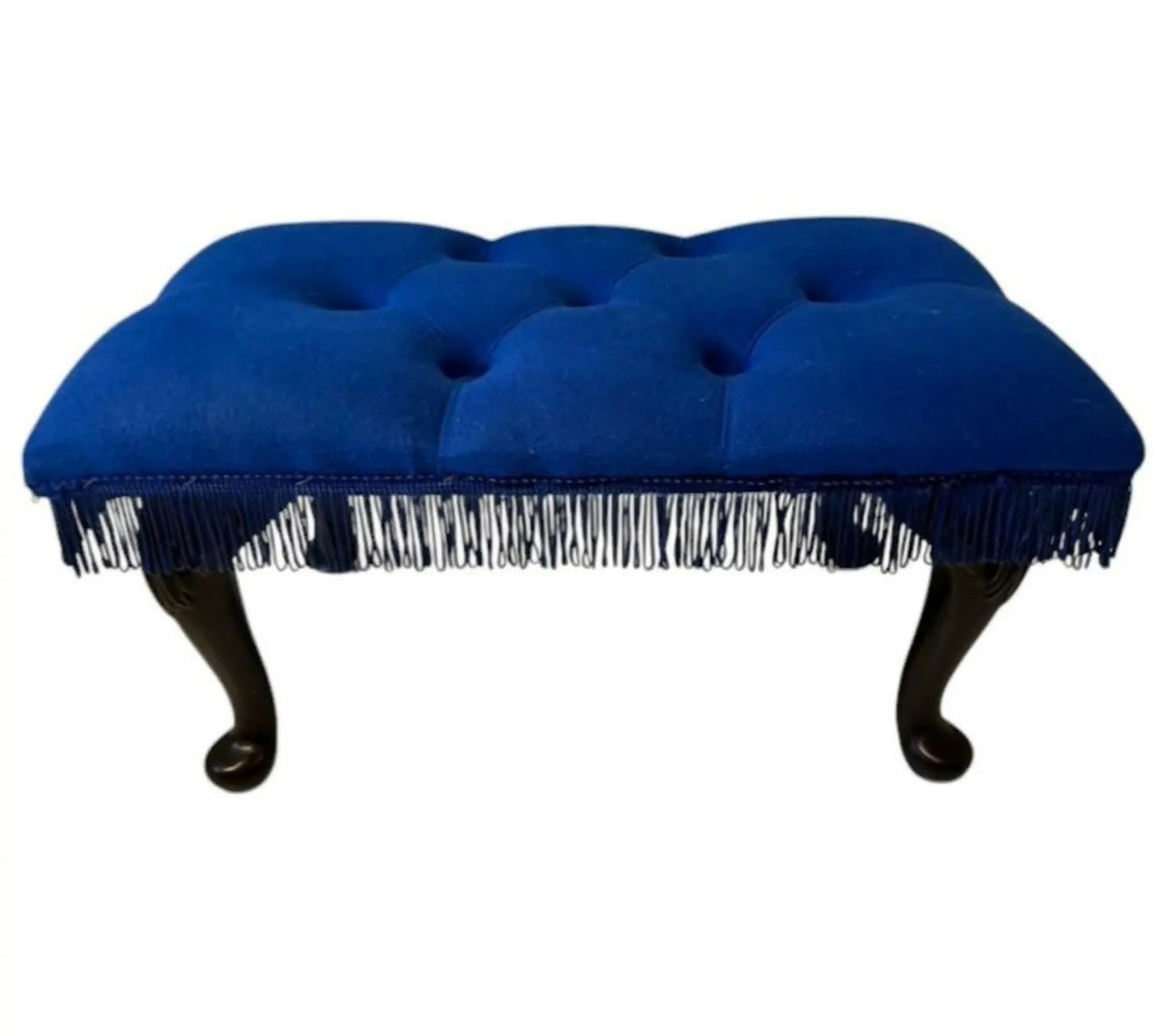 Vintage Upholstered Footstool Blue Tufted Stool Fringe Cabriole Legs