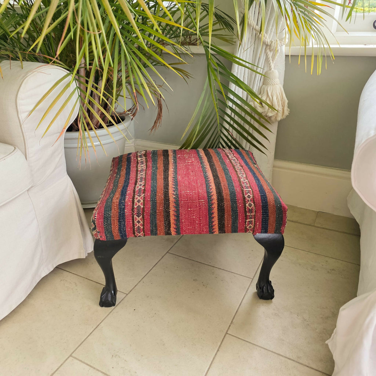 Kelim Covered Footstool. Genuine Vintage Kelim Rug. All Wool, Hand Knotted. Fully Restored and Upcycled Piece.