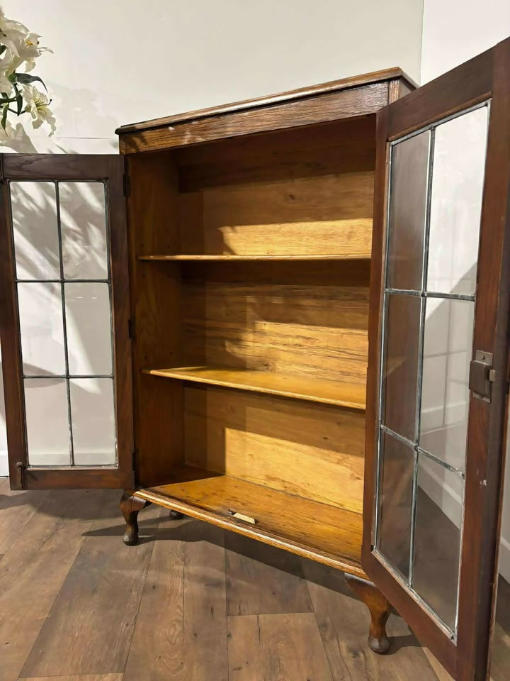 Vintage Oak Two Door Bookcase– Leaded Glass Doors