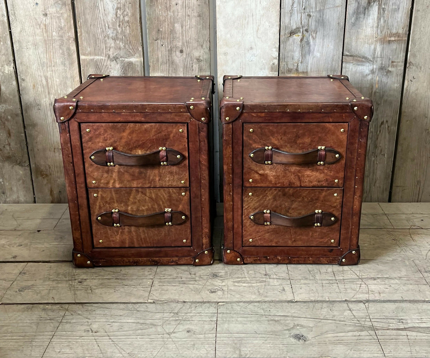 Bespoke English vintage bedside cabinets - custom wood framed - luxury hand dyed leather nightstands