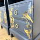 Rare refinished Stag Minstrel Tea Tray Bedside Tables in Navy Blue With Gold Floral Bird Design, Nightstands, vintage