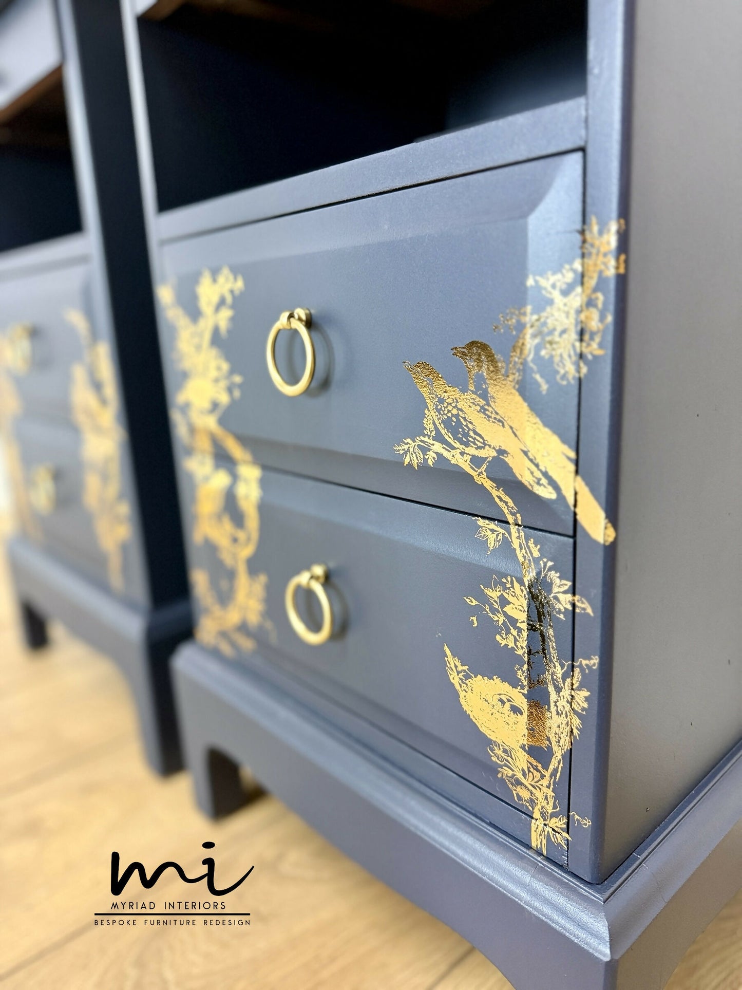 Rare refinished Stag Minstrel Tea Tray Bedside Tables in Navy Blue With Gold Floral Bird Design, Nightstands, vintage